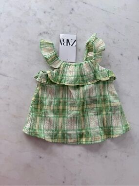 Zara Green and Cream Plaid Ruffle Tank Top